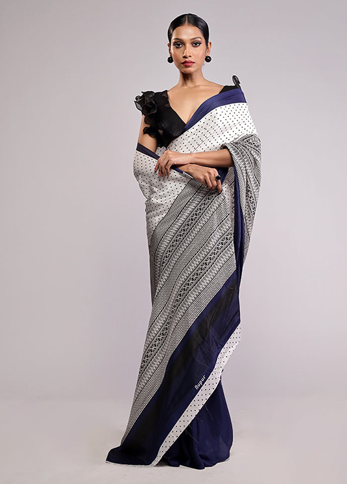 White Printed Silk Saree Without Blouse Piece