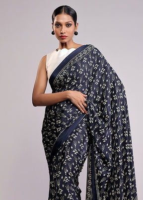 Blue Printed Silk Saree Without Blouse Piece