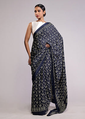 Blue Printed Silk Saree Without Blouse Piece