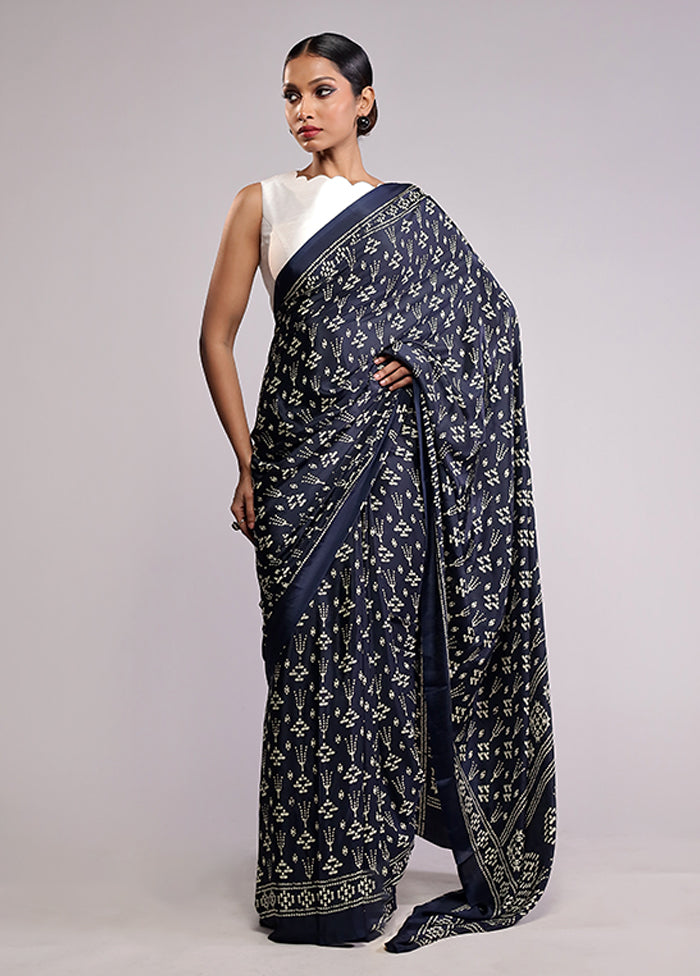 Blue Printed Silk Saree Without Blouse Piece