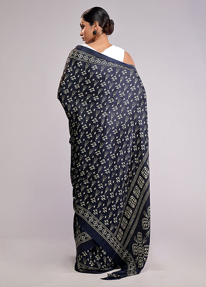 Blue Printed Silk Saree Without Blouse Piece