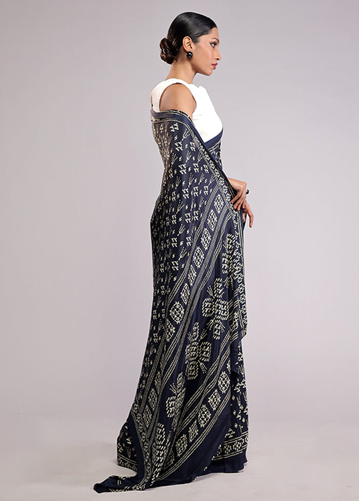 Blue Printed Silk Saree Without Blouse Piece