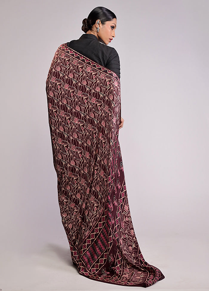 Maroon Printed Silk Saree Without Blouse Piece