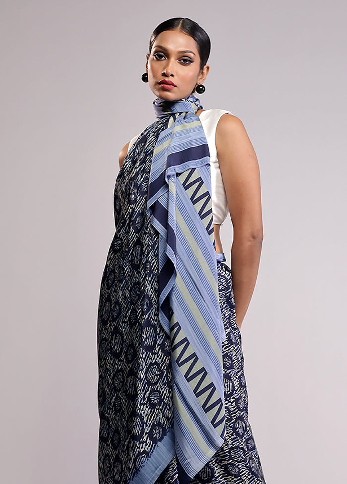 Blue Printed Silk Saree Without Blouse Piece