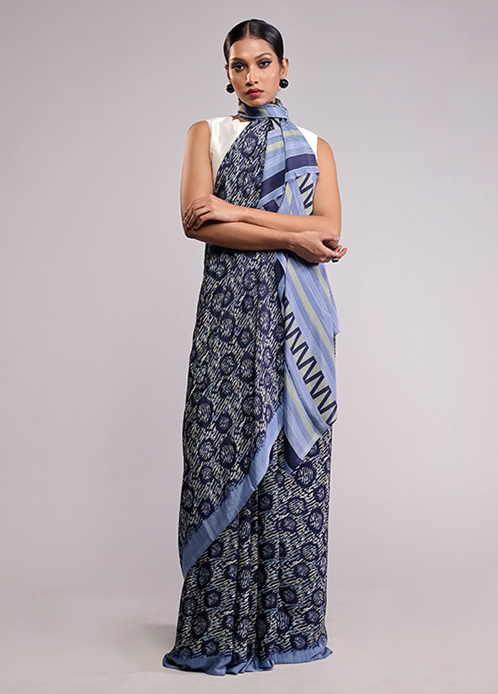 Blue Printed Silk Saree Without Blouse Piece