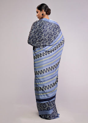 Blue Printed Silk Saree Without Blouse Piece