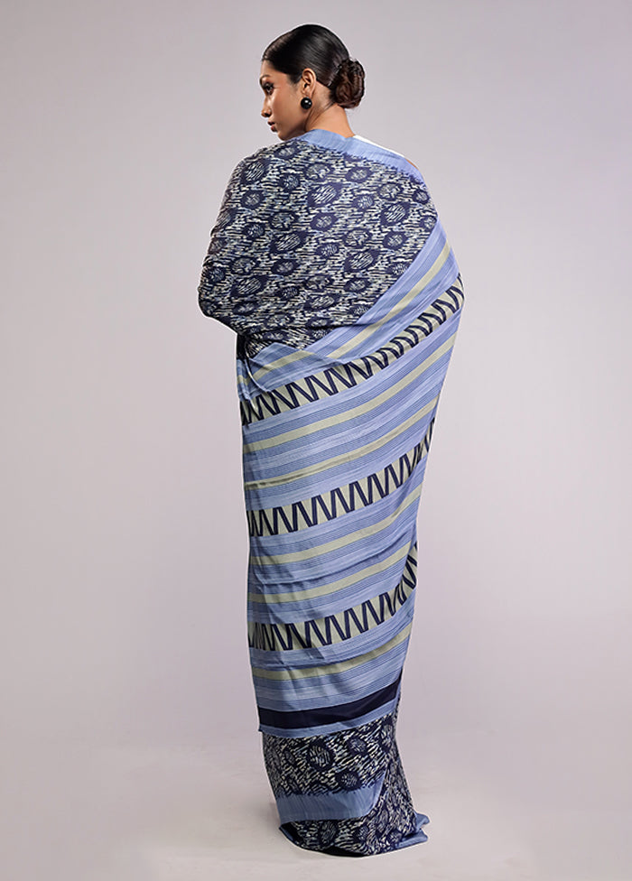 Blue Printed Silk Saree Without Blouse Piece