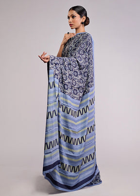 Blue Printed Silk Saree Without Blouse Piece