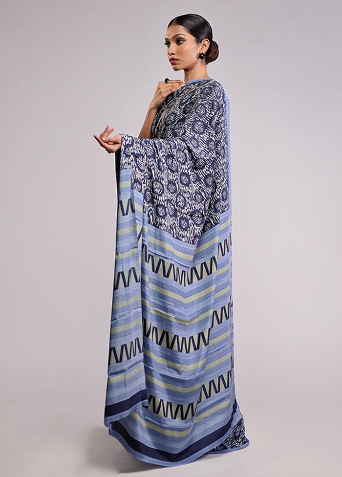 Blue Printed Silk Saree Without Blouse Piece