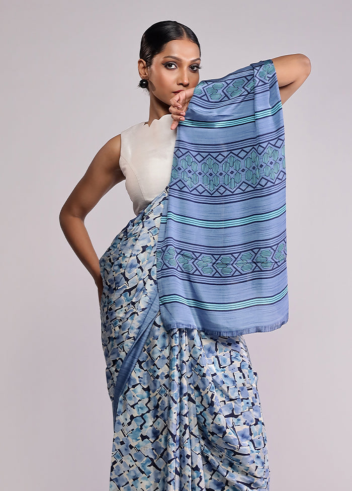 Blue Printed Silk Saree Without Blouse Piece