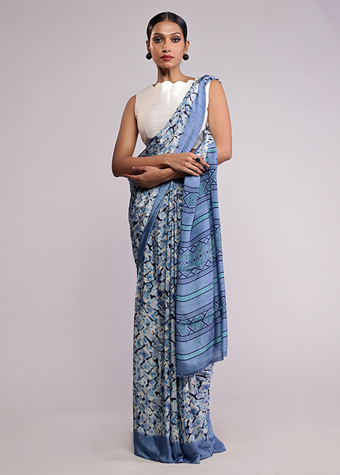 Blue Printed Silk Saree Without Blouse Piece