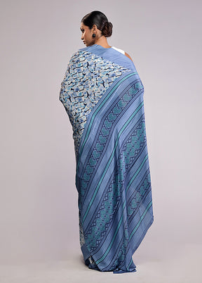 Blue Printed Silk Saree Without Blouse Piece