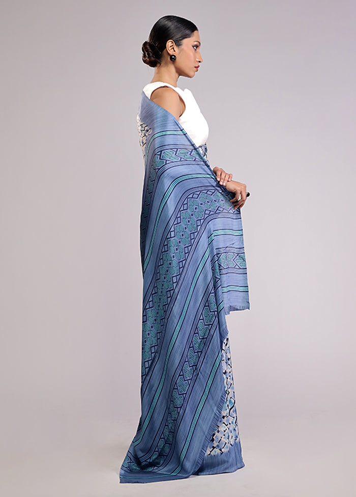 Blue Printed Silk Saree Without Blouse Piece