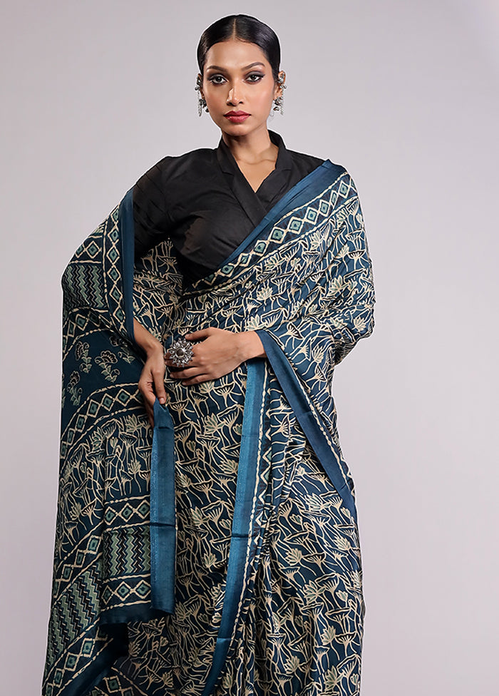 Blue Printed Silk Saree Without Blouse Piece