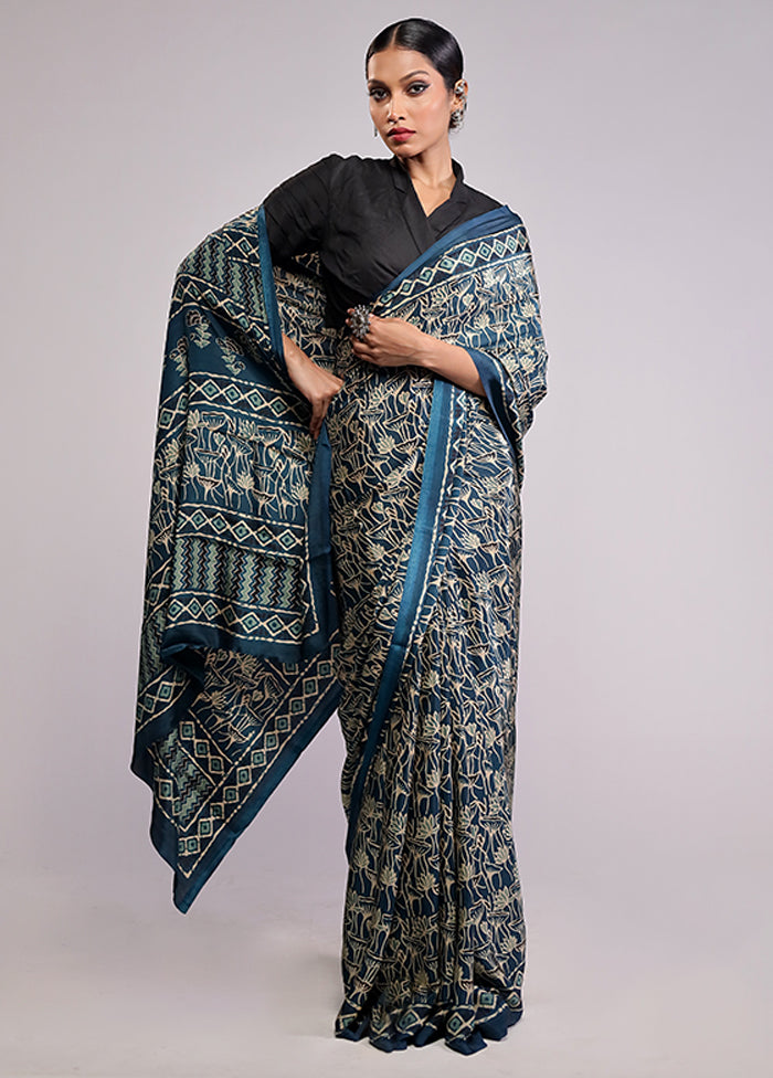 Blue Printed Silk Saree Without Blouse Piece