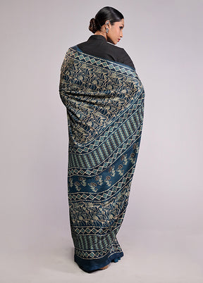 Blue Printed Silk Saree Without Blouse Piece