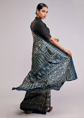 Blue Printed Silk Saree Without Blouse Piece