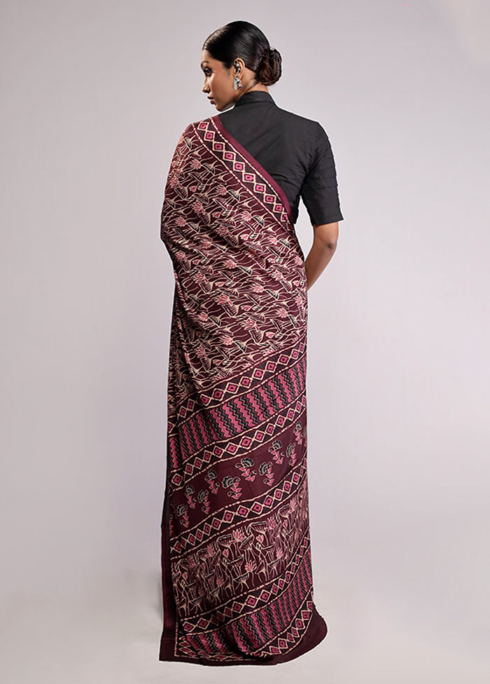 Maroon Printed Silk Saree Without Blouse Piece