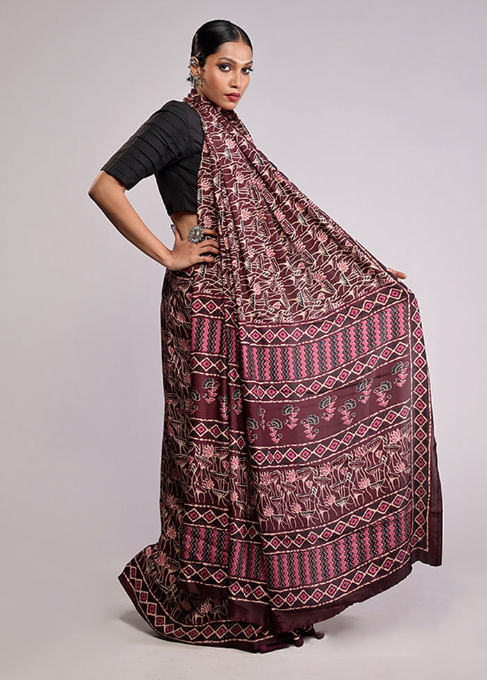 Maroon Printed Silk Saree Without Blouse Piece