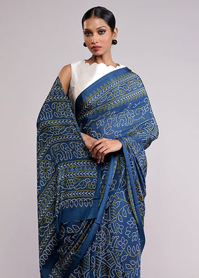 Blue Printed Silk Saree Without Blouse Piece