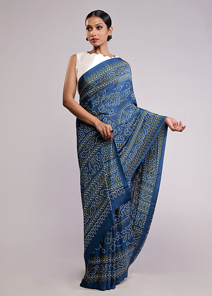 Blue Printed Silk Saree Without Blouse Piece