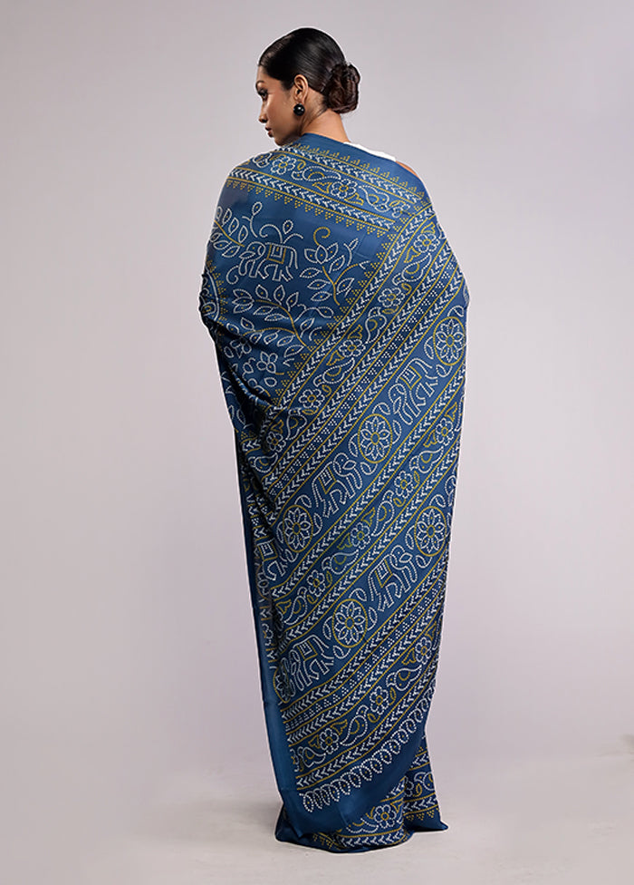 Blue Printed Silk Saree Without Blouse Piece