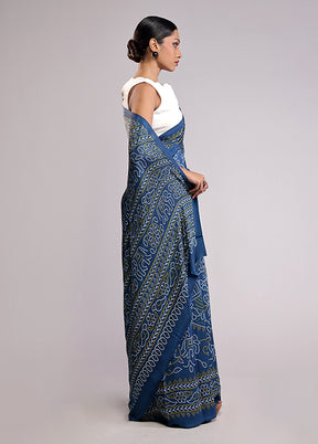 Blue Printed Silk Saree Without Blouse Piece