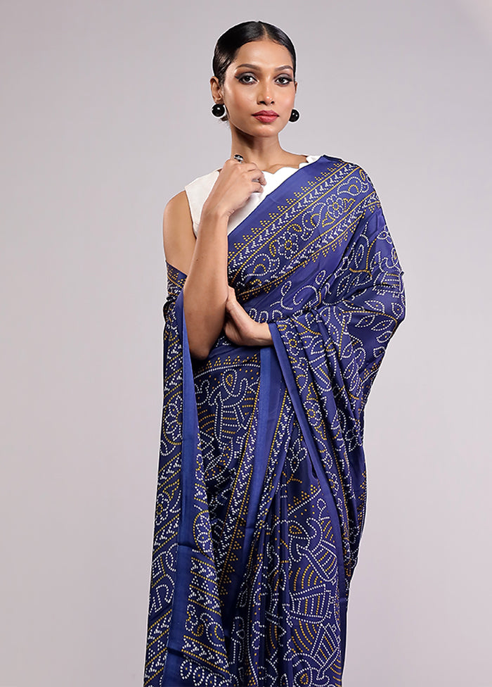 Blue Printed Silk Saree Without Blouse Piece