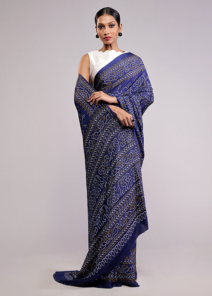 Blue Printed Silk Saree Without Blouse Piece