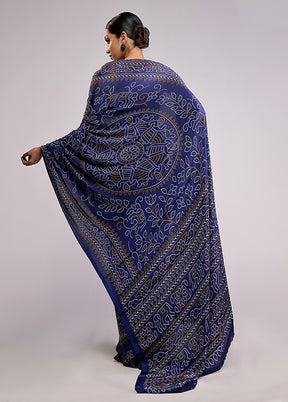 Blue Printed Silk Saree Without Blouse Piece