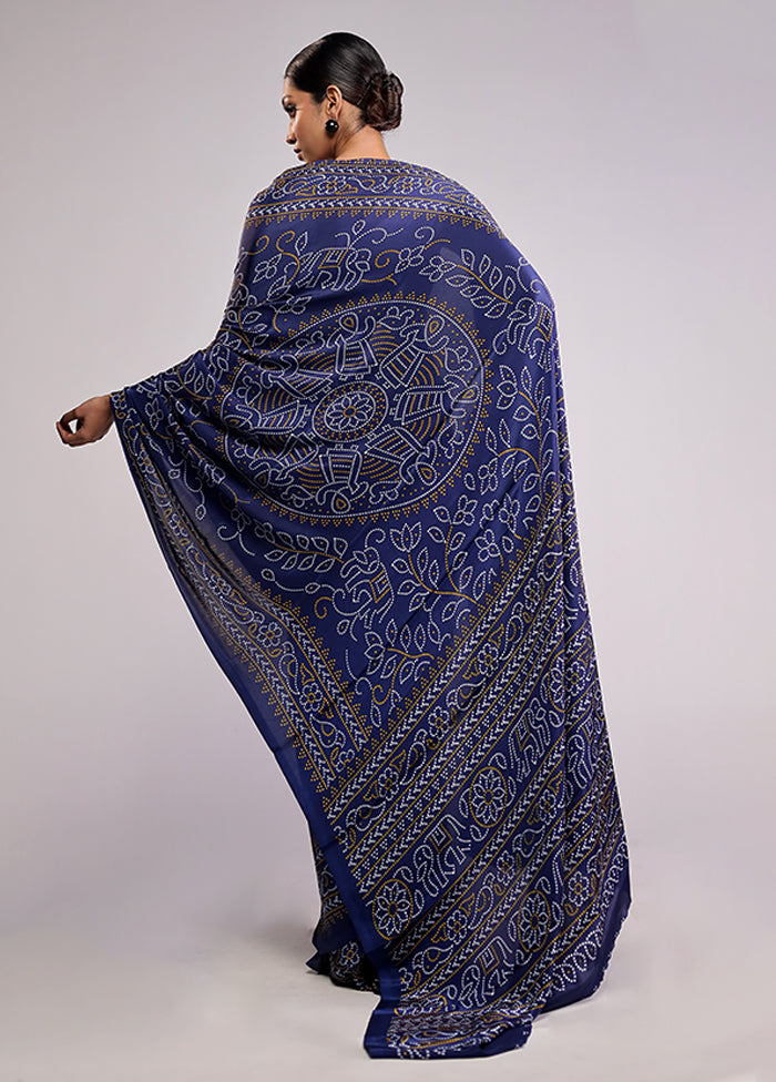 Blue Printed Silk Saree Without Blouse Piece