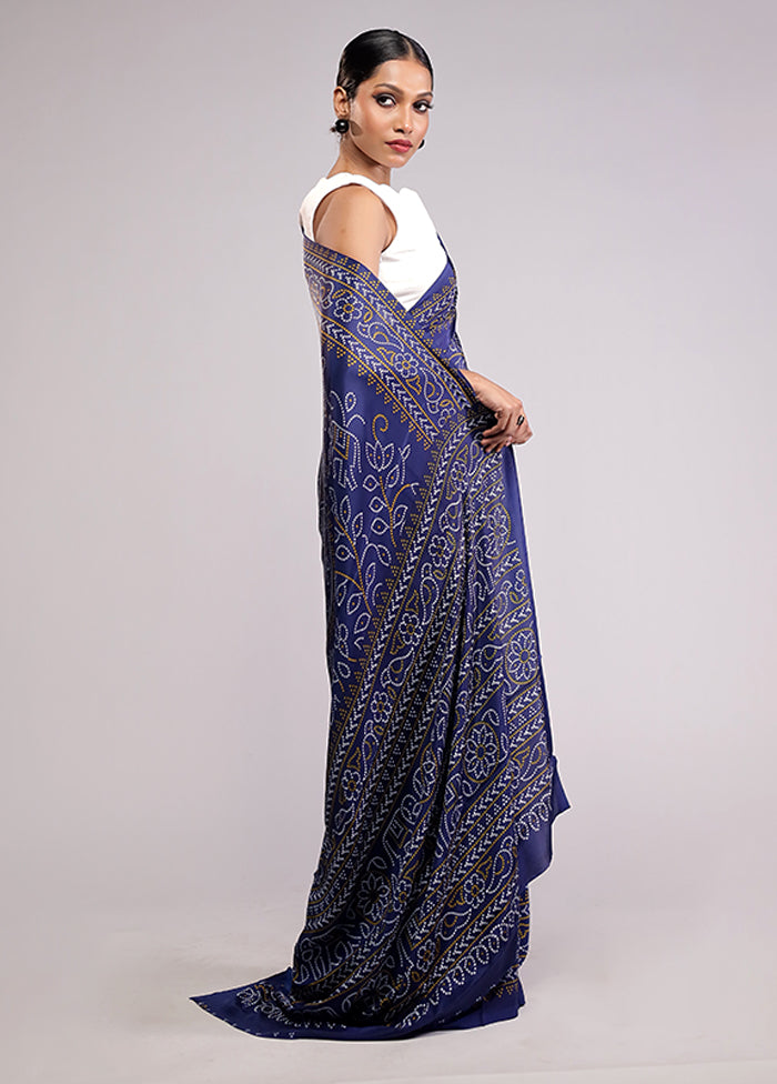 Blue Printed Silk Saree Without Blouse Piece