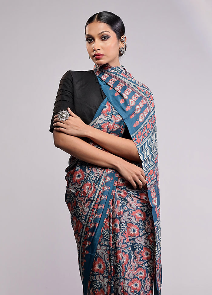 Blue Printed Silk Saree Without Blouse Piece