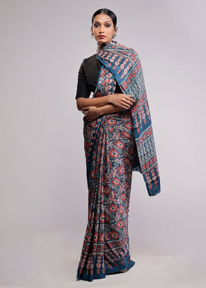 Blue Printed Silk Saree Without Blouse Piece