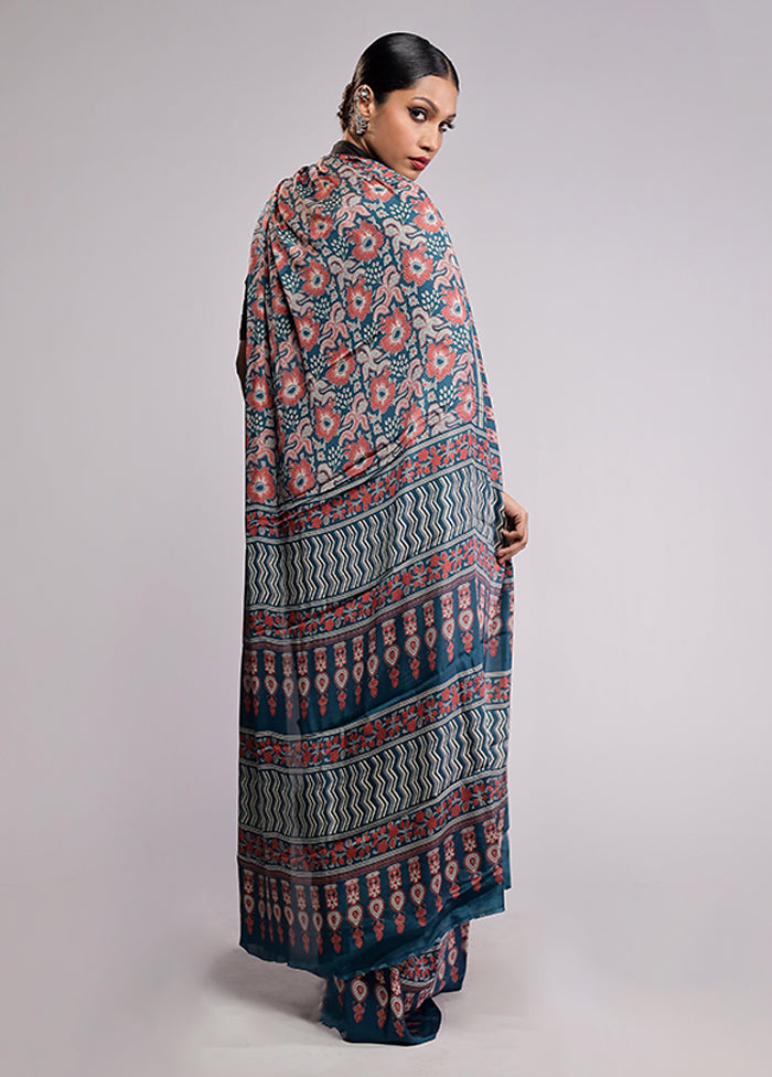 Blue Printed Silk Saree Without Blouse Piece