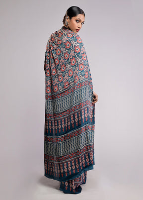 Blue Printed Silk Saree Without Blouse Piece