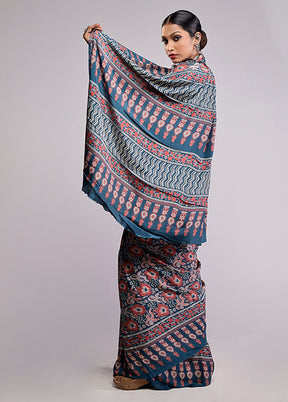 Blue Printed Silk Saree Without Blouse Piece