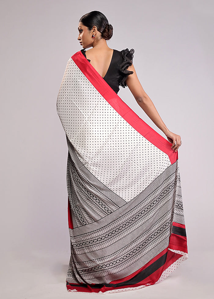 White Printed Silk Saree Without Blouse Piece