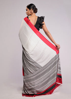 White Printed Silk Saree Without Blouse Piece