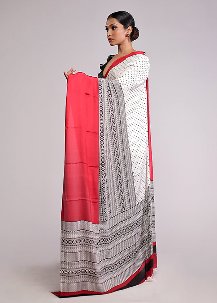 White Printed Silk Saree Without Blouse Piece