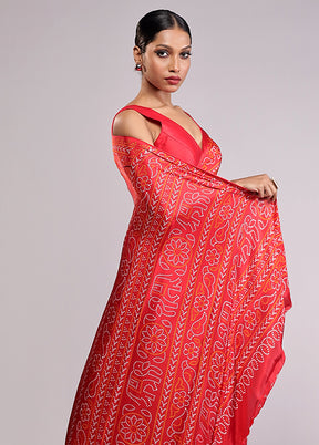 Red Printed Silk Saree Without Blouse Piece