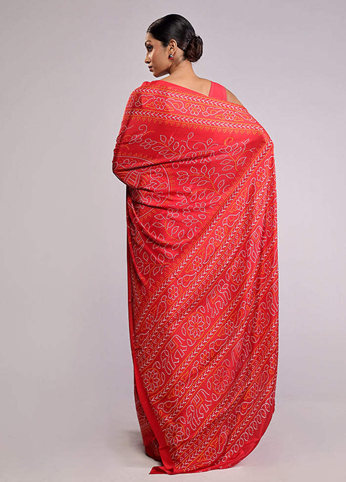 Red Printed Silk Saree Without Blouse Piece