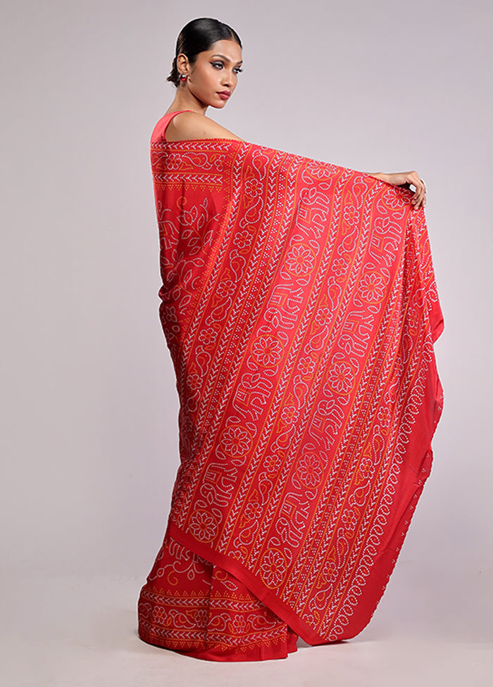 Red Printed Silk Saree Without Blouse Piece
