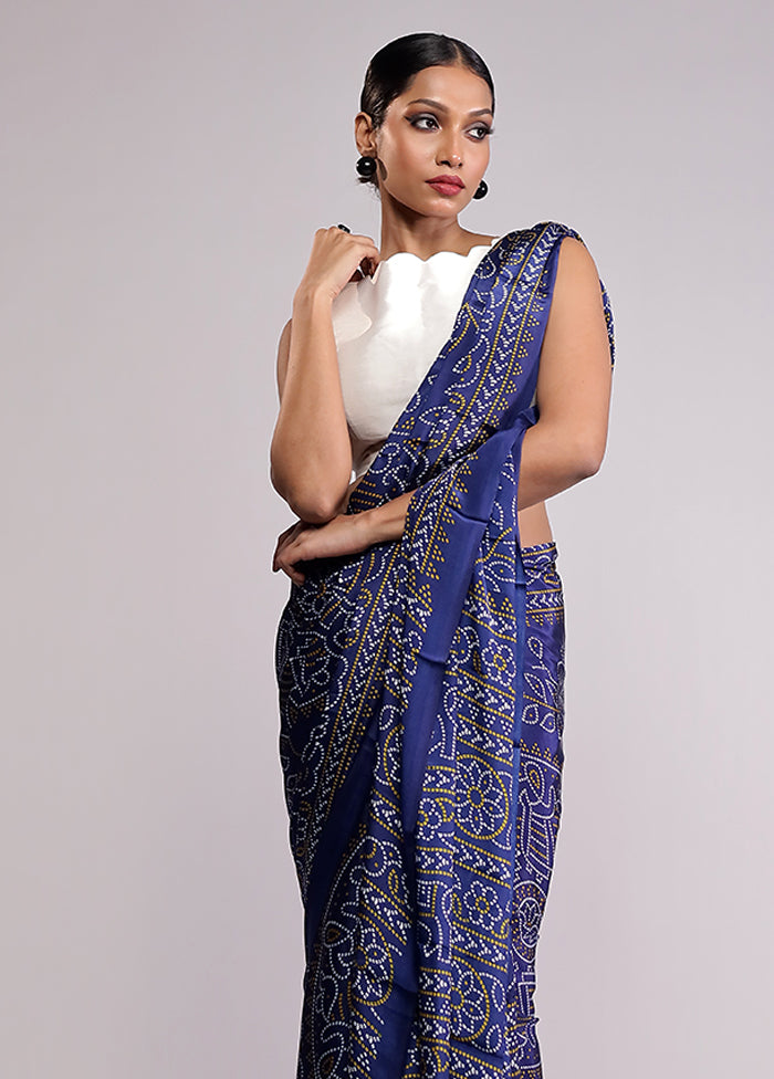 Blue Printed Silk Saree Without Blouse Piece