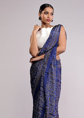 Blue Printed Silk Saree Without Blouse Piece