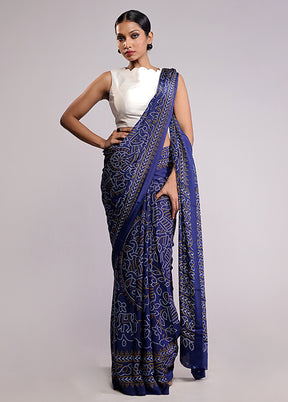 Blue Printed Silk Saree Without Blouse Piece