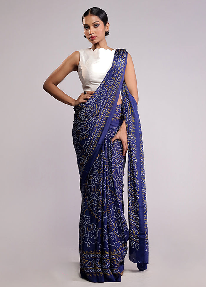 Blue Printed Silk Saree Without Blouse Piece