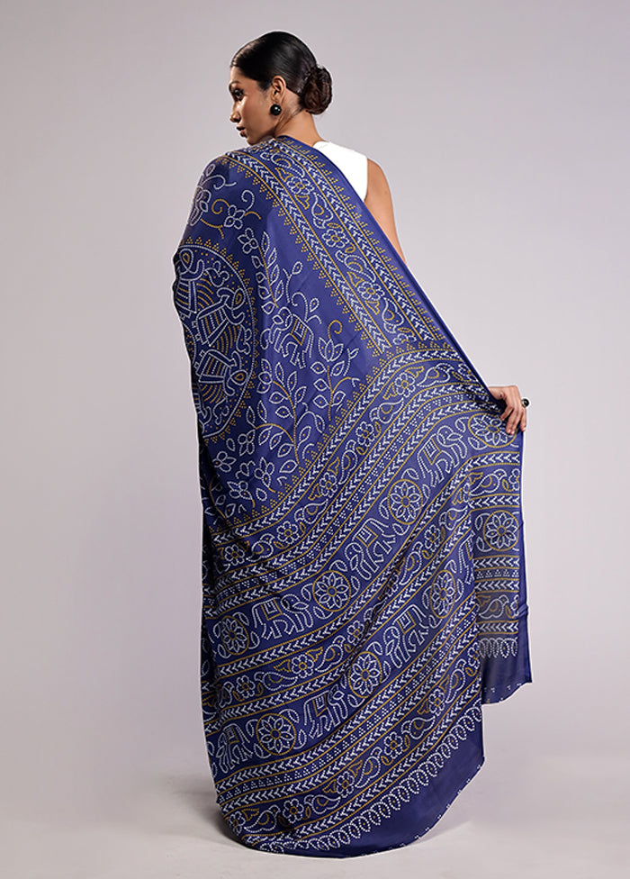 Blue Printed Silk Saree Without Blouse Piece