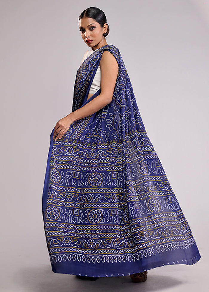 Blue Printed Silk Saree Without Blouse Piece