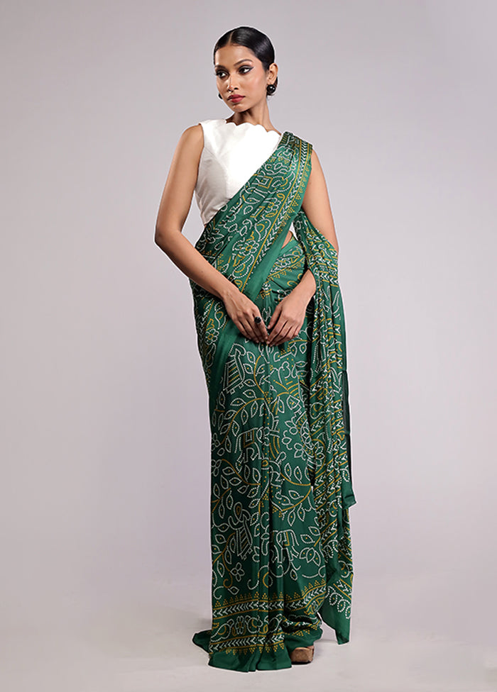 Green Printed Silk Saree Without Blouse Piece